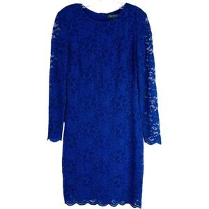 Ralph Lauren blue lace floral evening special occasion wedding midi dress 8